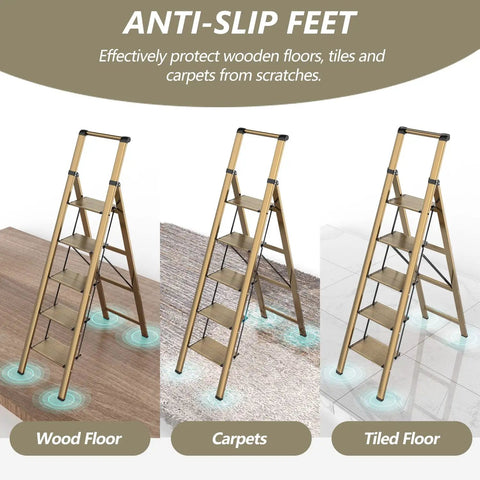 Five Step Ladder With Handrail Champagne Gold For Home Use Top Handle Design With Non Slip Rubber Feet Stable Easy Up And Down Stool For Kitchen Garage And Office Tasks, anti-slip feet on wood, carpet, tile