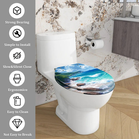 Elongated Toilet Seat Cover Quiet Close Easy Clean for Home with beach design, fits standard toilets, easy to install.
