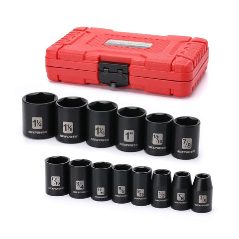 Fourteen Piece Half Inch Drive Shallow Impact Socket Set With Three Eighths To One And One Quarter Inch Six Point Sockets