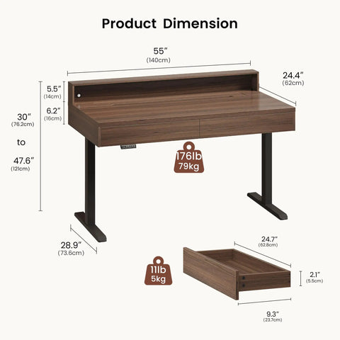 Height Adjustable Electric Standing Desk With Flip Top Hidden Storage And Handleless Drawers Featuring Motion Sensor LED Light For A Clean Workspace That Keeps Your Hustle Tight And Organized dimensions showing 55 inch width and 30 to 47 inch height.