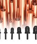 Top Quality 6 Piece Copper Pipe Swaging Drill Bit Set With Triangle Handle Tube Expander Tool Kit For Air Conditioning And Conduit Work Featuring 1/4, 3/8, 1/2, 5/8, 3/4, And 7/8 Inch Imperial Sizes Perfect For Pros, showing drill bits against copper pipes.