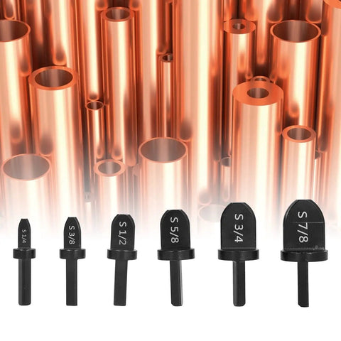 Top Quality 6 Piece Copper Pipe Swaging Drill Bit Set With Triangle Handle Tube Expander Tool Kit For Air Conditioning And Conduit Work Featuring 1/4, 3/8, 1/2, 5/8, 3/4, And 7/8 Inch Imperial Sizes Perfect For Pros, showing drill bits against copper pipes.