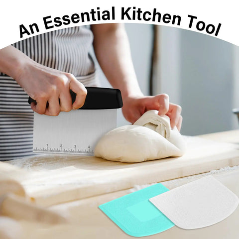 Sturdy Stainless Steel Bench Scraper With Dual BPA Free Plastic Bowl Scrapers Measuring Scale Flexible Edges Pro Grade Kitchen Tool Set For Pastry Bread Pizza Cake Great For Home Bakers, dough scraping