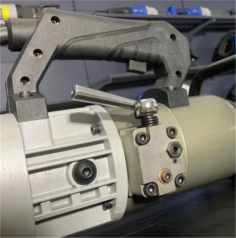 Close-up of the handle and motor assembly of the Top Tier Electric Rebar Bender With All Copper Motor for portable use.