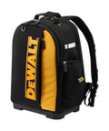 Massive 40 Liter Tool Backpack Built Tough As Nails For Contractors with black and yellow design and padded straps.