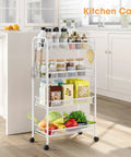Four Tier Rolling Metal Cart With Three Hooks, Easy Assembly Mobile Storage Trolley On Wheels for kitchen organization