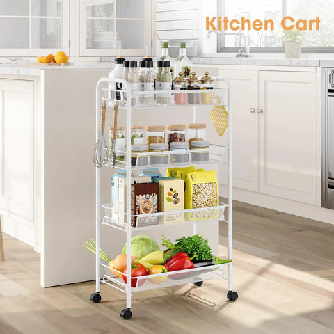 Four Tier Rolling Metal Cart With Three Hooks, Easy Assembly Mobile Storage Trolley On Wheels for kitchen organization