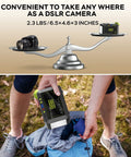 Portable Power Station 88Wh Lithium Battery Solar Generator With Fast Charging And AC Outlet 120W Peak Power Bank shown on scale against a DSLR camera.