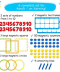 84 Piece Magnetic Number Bonds and Magnetic Ten Frames Set showing numbers, ten frames, squares, circles, counters, and lines.