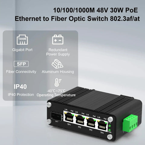 4-Port Gigabit PoE Plus Switch With SFP, 120W Total PoE Budget, compact black unit, Ethernet ports, rugged design for off-grid setups