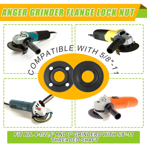 Beefy Angle Grinder Nut And Wrench Replacement Kit With Rigid Flange Spanner for 4 5 5 and 7 inch grinders, showing compatibility with 5/8-11.