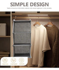 Three Tier Hanging Wardrobe Organizer With Slick Foldable Linen Fabric And Heavy Duty Hooks For Ultimate Closet Space Saving and Dorm Game Changer Essentials in grey with shirts.