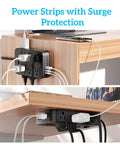 18 In 1 Power Strip With 12 AC Outlets 6 USB Ports Surge Protector 5 Ft Extension Cord 1440 Joules Wide Voltage 120 To 240V ETL Listed For Home Office Kitchen Dorm Wall Desk Charging Station mounted under a wood desk with multiple cords