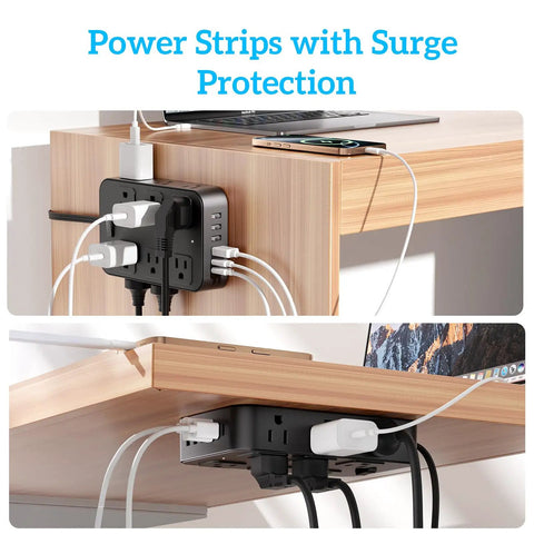 18 In 1 Power Strip With 12 AC Outlets 6 USB Ports Surge Protector 5 Ft Extension Cord 1440 Joules Wide Voltage 120 To 240V ETL Listed For Home Office Kitchen Dorm Wall Desk Charging Station mounted under a wood desk with multiple cords