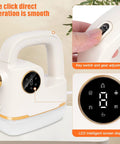 Close-up of Handheld Steam Cleaner With LCD Display And One Click Control, LED screen showing settings, white device with gold accents.