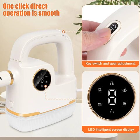 Close-up of Handheld Steam Cleaner With LCD Display And One Click Control, LED screen showing settings, white device with gold accents.