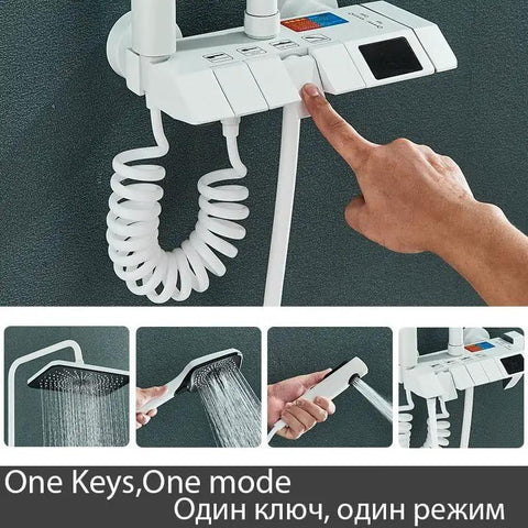 RIBEUJIZS Digital Shower System, White Digital Display Shower System Set control panel with user adjusting shower settings.