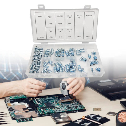 110Pcs Grease Zerk Fittings Metric Kit with storage case, straight and angled zerks for auto shop, DIY repairs on circuit board.