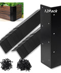 Heavy Duty Raised Garden Bed Corner Brackets 12 Pack For 12 To 24 Inch Planters And Wood Beds In Black Metal With Screws, shown with installation example
