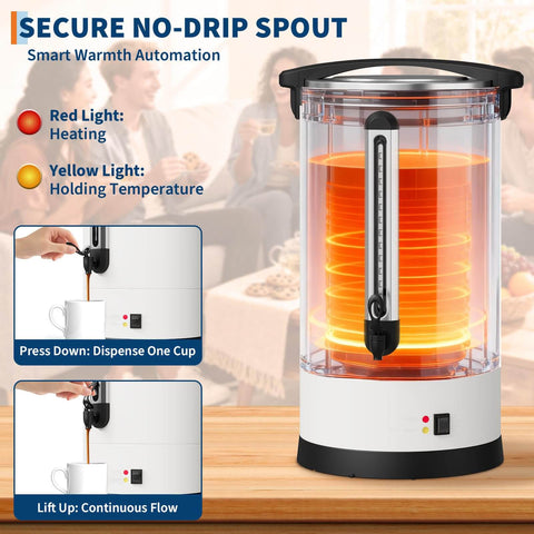 Massive 14L Electric Coffee Urn Double Wall Stainless Steel Commercial Beverage Dispenser with no-drip spout in use