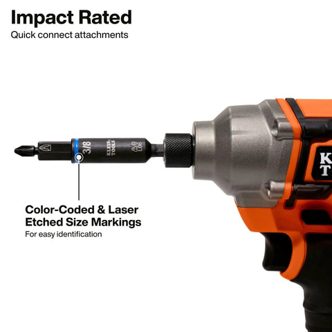Impact Rated 11-in-1 Multi Bit Screwdriver And Nut Driver with drill attachment showcasing color-coded markings