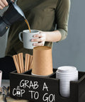 Farmhouse Style Coffee Station Organizer For Cups And Lids Black Pine Wood Cup Holder And Lid Storage Box on counter