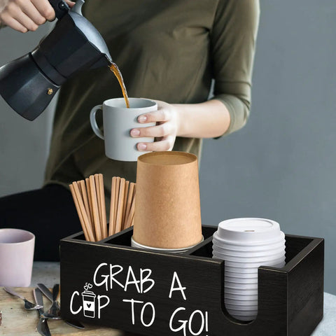 Farmhouse Style Coffee Station Organizer For Cups And Lids Black Pine Wood Cup Holder And Lid Storage Box on counter