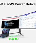 UltraWide 49 Inch Curved Monitor With 32 By 9 Aspect And 1800R Radius 3840x1080 144Hz HDR400 99 Percent sRGB USB C DisplayPort HDMI Built In Speakers Screen Split PIP PBP For Workflow And Gaming Adjustable Stand showing screen split and laptop connected