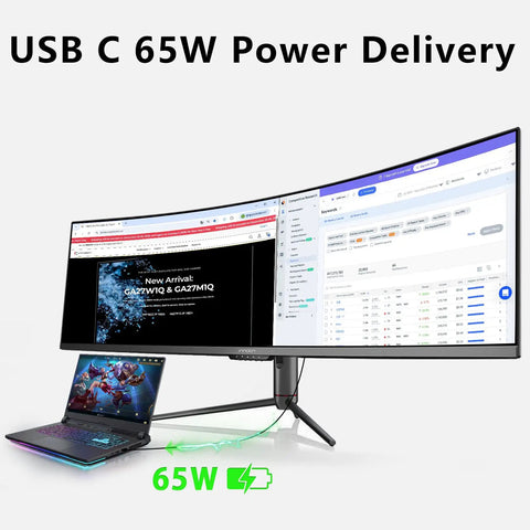 UltraWide 49 Inch Curved Monitor With 32 By 9 Aspect And 1800R Radius 3840x1080 144Hz HDR400 99 Percent sRGB USB C DisplayPort HDMI Built In Speakers Screen Split PIP PBP For Workflow And Gaming Adjustable Stand showing screen split and laptop connected