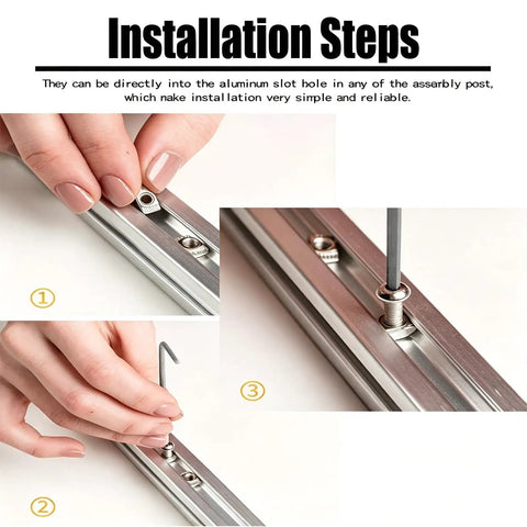 Installation steps for Cool 50 Pack Of Premium M5 T Nuts For 3030 Aluminum Profile Bars using an L wrench.