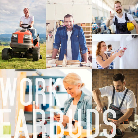 Collage of work environments with Worksite Earplug Headphones With 29dB Noise Reduction, Foam Earbud Style For Hearing Protection