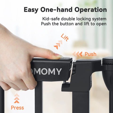 Close-up of Easy One-hand Operation on Extra Wide Baby And Dog Gate 80 Inch Adjustable Pet Safety Barrier with secure latch.