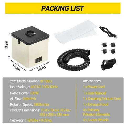 Packing list includes Powerful 100W Solder Smoke Fume Extractor With 3 Stage Filtration, flexible hose, wheels, and accessories