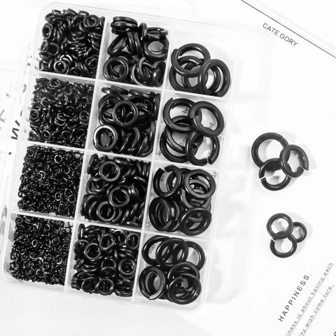 Spring Lock Washers Assortment Kit With 9 Sizes M2 To M12, 950 Pieces, Black Zinc Plated Metal Lock Washers For Screws And Bolts, Must Have DIY Home And Workshop Fixes in clear organizer box