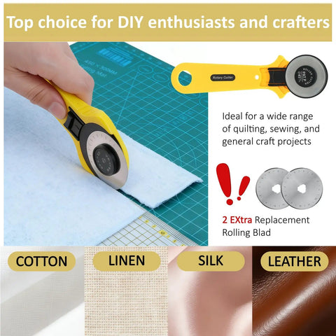 Close-up of All-In-One Sewing And Quilting Kit With 45mm Rotary Cutter A3 Cutting Mat Fabric Scissors Three Replacement Blades Two Quilting Rulers No Fuss Sewing Clips used on fabric.