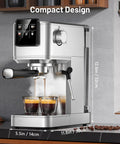 Heavy Duty Espresso Maker With Touchscreen Hot And Iced Coffee Brewer Stainless Steel Milk Frother brewing espresso in two cups.