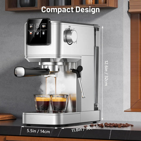 Heavy Duty Espresso Maker With Touchscreen Hot And Iced Coffee Brewer Stainless Steel Milk Frother brewing espresso in two cups.
