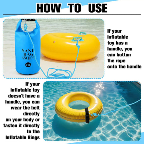 Blue 10L sand bag anchor with rope attached to yellow inflatable ring for 2 Pack Sand Anchor Bags 10L And 20L, 2 In 1 Kayak Anchor Kit