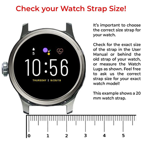 Watch face showing time with text about choosing correct watch strap size and a ruler demonstrating a 20 mm watch strap size.