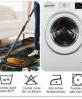 Vacuum cleaning Farm Tractor Rug 3 By 5 Ft For Living Room And Bedroom, next to washing machine, care icons visible