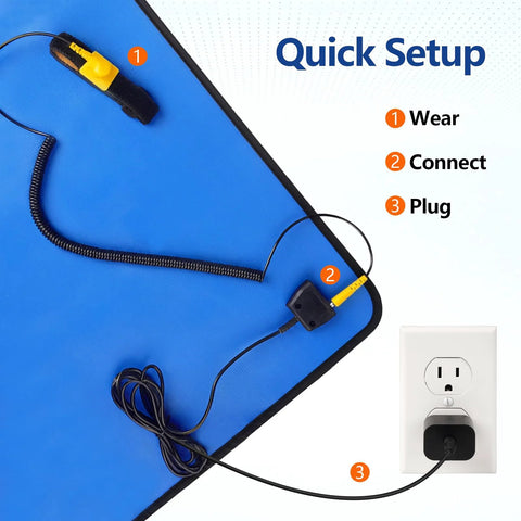 Front view of portable blue anti-static ESD mat kit with wrist strap and grounding plug