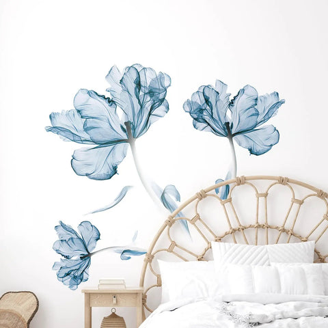 Large Dope Blue Floral Wall Decal Set For Bedroom, Living Room, Office, And TV Backdrop with three blue flowers over bed