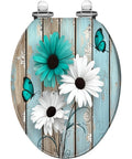 Toilet Seat Elongated Quiet-Close for Farmhouse Use featuring floral design and butterflies on rustic wood background.