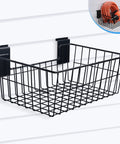 Front view of Built Tough Heavy Duty 15 Inch Width Slatwall Hanging Baskets Set Of 5 Steel Wire Storage Bins for garage installation.