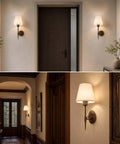 YS.ESUDSI Vintage Wall Sconces with White Fabric Shade Hardwired E26 Base mounted in a hallway, showcasing brass finish and fabric shade.
