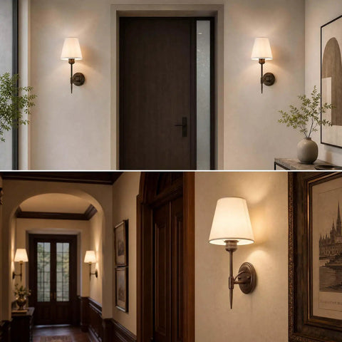YS.ESUDSI Vintage Wall Sconces with White Fabric Shade Hardwired E26 Base mounted in a hallway, showcasing brass finish and fabric shade.