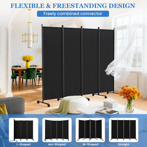 Six Foot Folding Privacy Screen with Lockable Wheels, 4-Panel Room Divider for home use, freestanding in living room