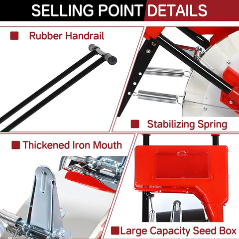 Hand Push Roller Seeder Manual Seeder Machine Walk Behind Row Crop Planter with iron mouth, spring, seed box details