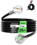 25 Feet 250V Welder Extension Cord With LED Indicator, Heavy Duty 10 AWG SJTW Outdoor Welding Cable, NEMA 6-50P To 6-50R, 30 Amp 3 Prong Power Extension for Welding Rigs, Black, coiled with lit plug ends