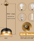 Dimensional features of Dope Industrial Pendant Light Fixtures Black And Gold Vintage Dome Ceiling Light with 11.8 Inch Diameter.